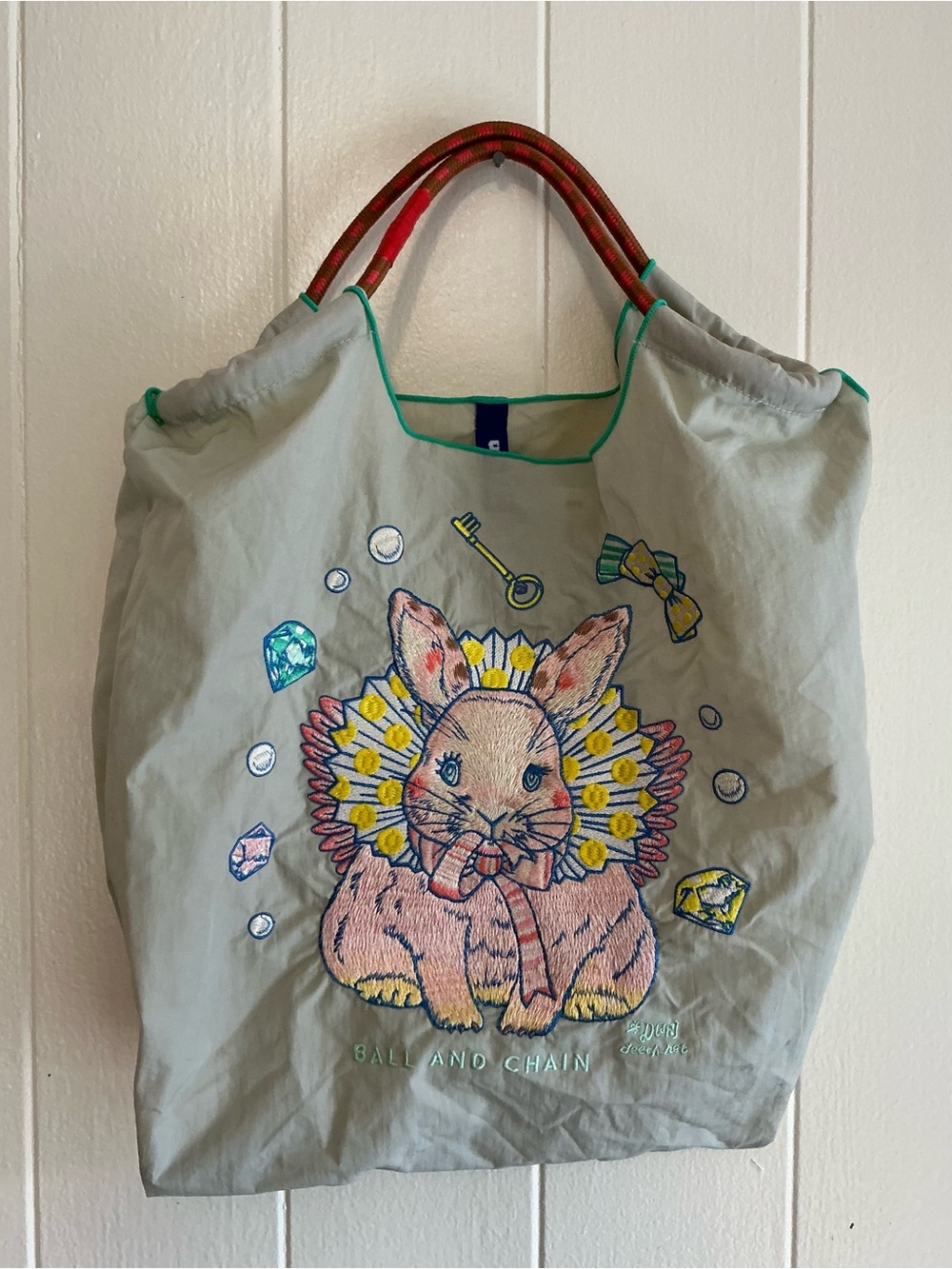 Rare Japanese Brand light gray Ball & Chain Magical Rabbit embroidered Tote Bag